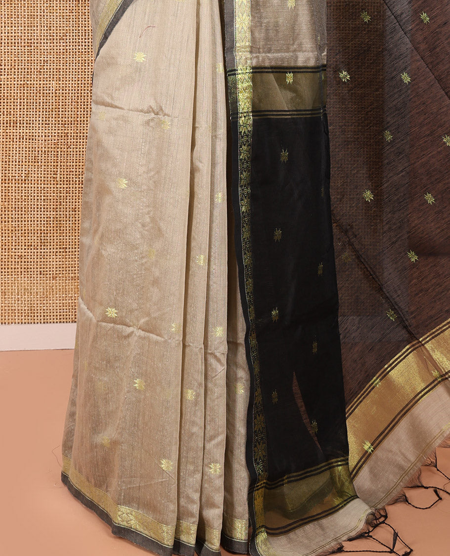 Light Brown Kota Cotton Saree Enthralled with Star-Style Zari Motifs All Over Its Body, Complemented by a Self-Border of Star Motifs, a Captivating Contrast Pallu of the Same Star Motifs, and a Contrast Blouse