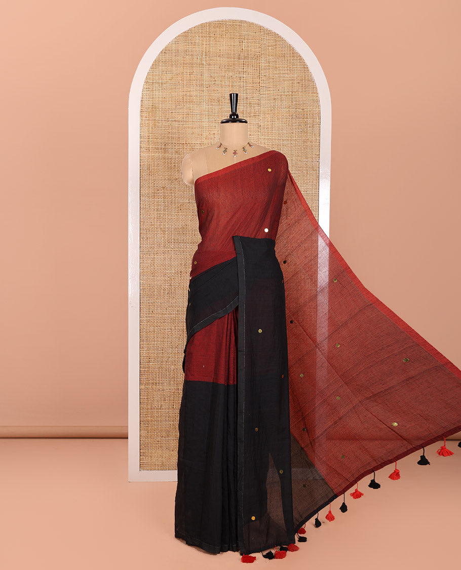 Black and Red Khadi Mul Cotton Saree, Prettified with Double-Color Half-And-Half-Style Jamki Work, Complemented by Contrast Zari Border, and Paired with a Matching Blouse