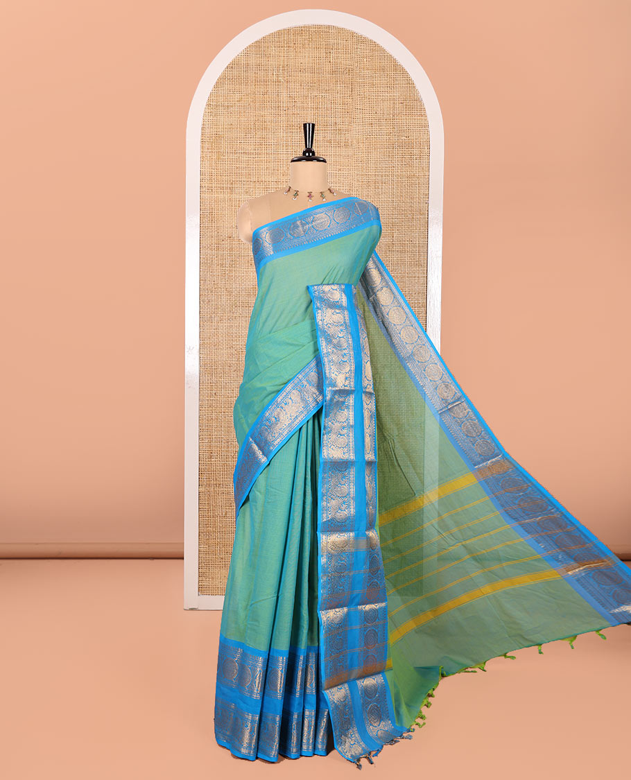 Blue Plain Chettinad Cotton Saree, Complemented by Contrast Rettai Pettu Traditional Zari Border of Peacock Chakram Designs, Pallu of Stripes, and Paired with a Matching Blouse
