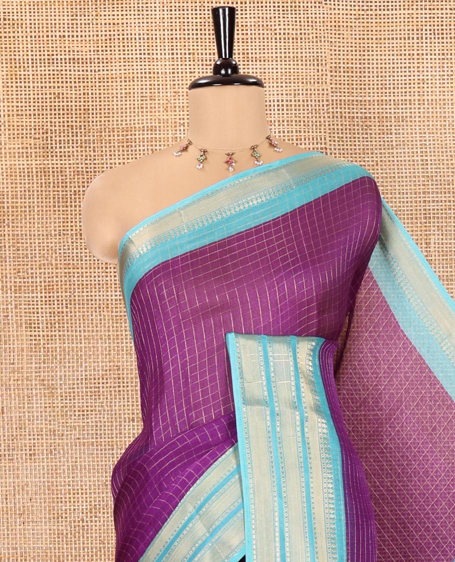 Purple Moss Chiffon Saree, Adorned with Zari Checks All Over Its Body, Complemented by a Contrast Traditional Zari Design Border, Zari Striped Pallu, and Paired with a Contrast Blouse