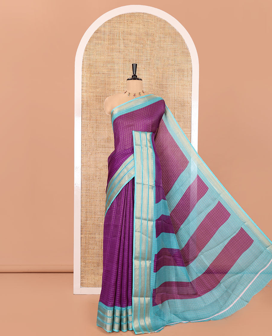 Purple Moss Chiffon Saree, Adorned with Zari Checks All Over Its Body, Complemented by a Contrast Traditional Zari Design Border, Zari Striped Pallu, and Paired with a Contrast Blouse
