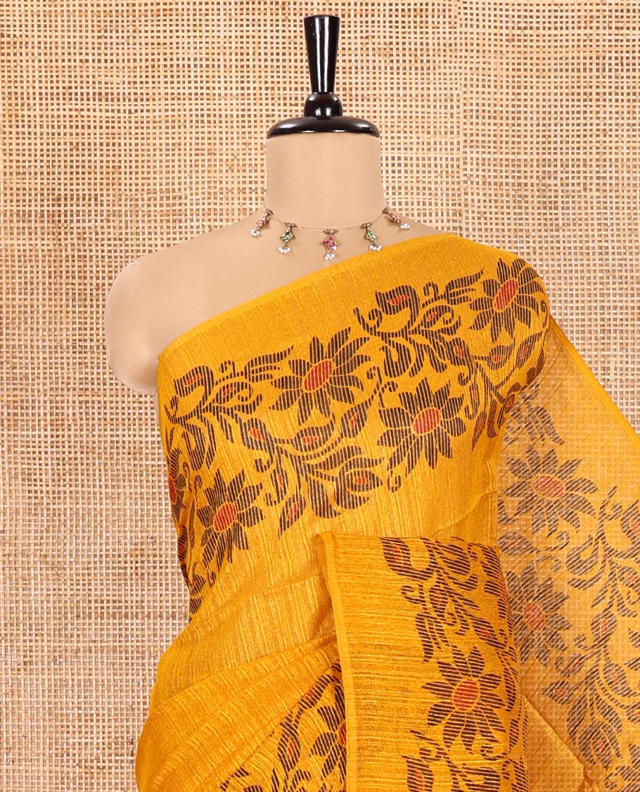 Yellow Plain Green-Silk Linen Cotton Saree, Highlighted by Jamdani-Style Floral Vine Printed Border, Pallu of Jamdani Floral Print, and Paired with a Matching Printed Blouse