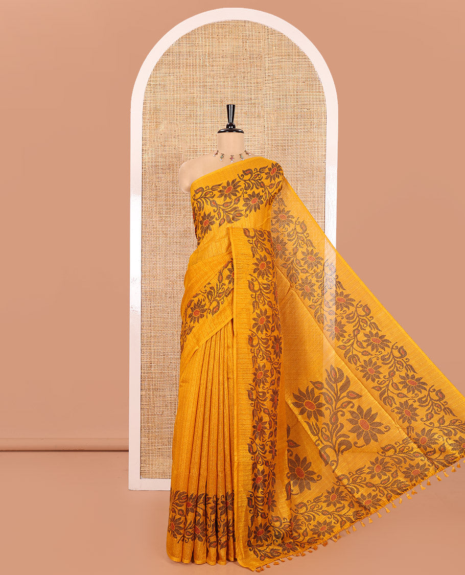 Yellow Plain Green-Silk Linen Cotton Saree, Highlighted by Jamdani-Style Floral Vine Printed Border, Pallu of Jamdani Floral Print, and Paired with a Matching Printed Blouse
