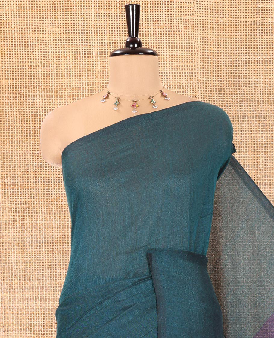 Borderless Peacock Blue and Navy Blue Plain Khadi Mul Cotton Saree, Highlighted by Captivating Contrast Colored Pallu, and Paired with a Contrast Blouse