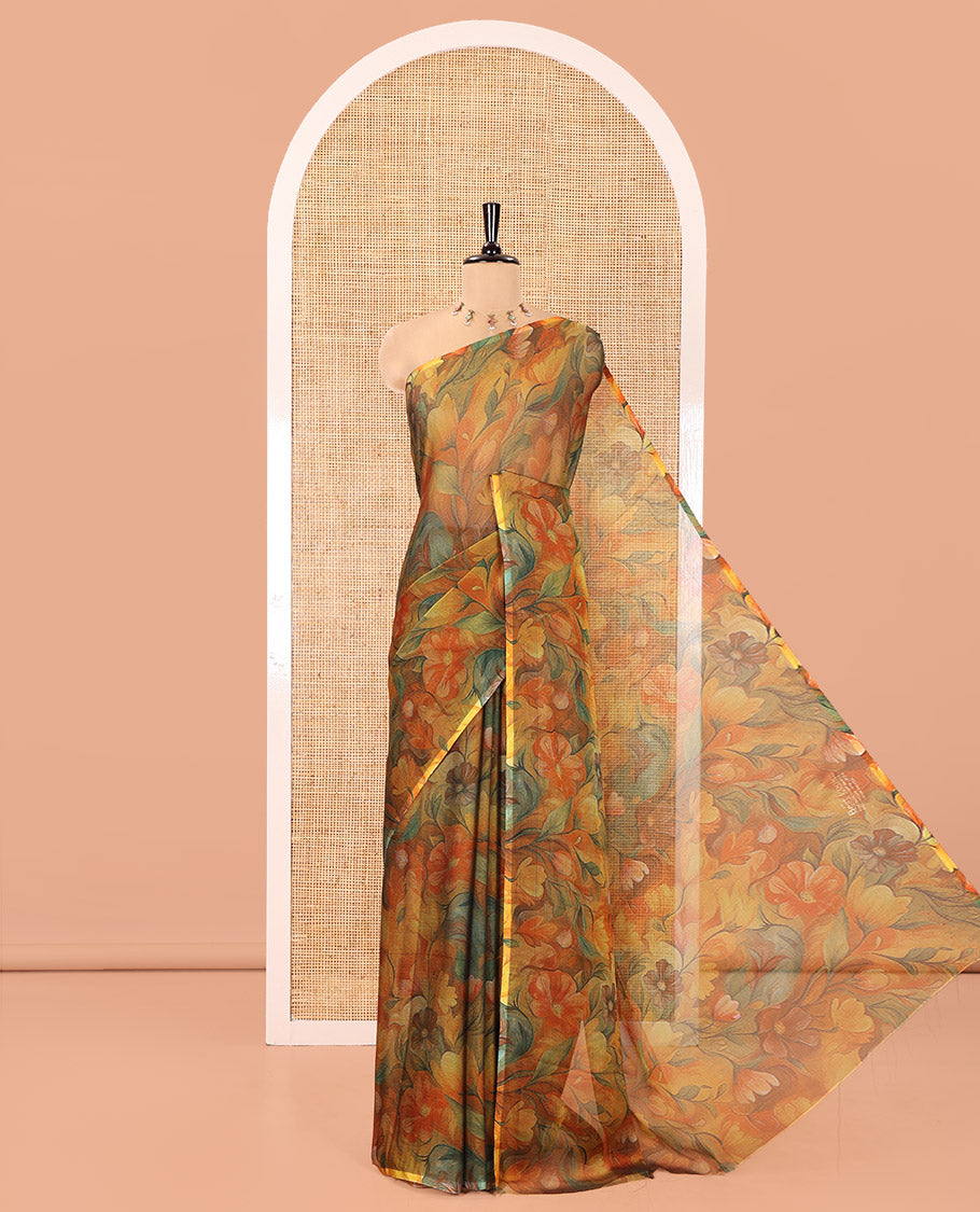 Borderless Mustard Light-Weight Chiffon Saree, Beautifully Bedecked with Floral Print on Its Body, a Self-Pallu, and Comes Without a Blouse