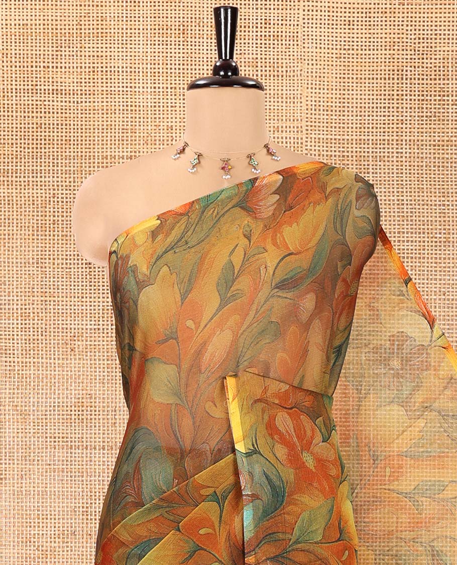 Borderless Mustard Light-Weight Chiffon Saree, Beautifully Bedecked with Floral Print on Its Body, a Self-Pallu, and Comes Without a Blouse