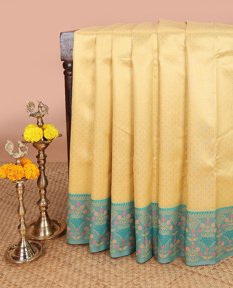 Yellow copper zari weaving litchi silk saree with contrast meena butta border & meena style design pallu along with contrast blouse