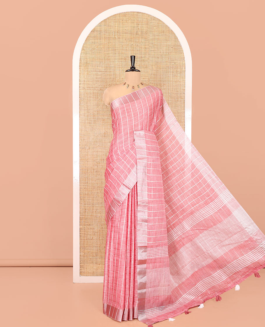 Dusky Pink Jute Linen Cotton Saree, Adorned with Checked Design on Its Body, a Subtle Self-Border, Striped Pallu, and Paired with a Matching Thread Embroidered Blouse