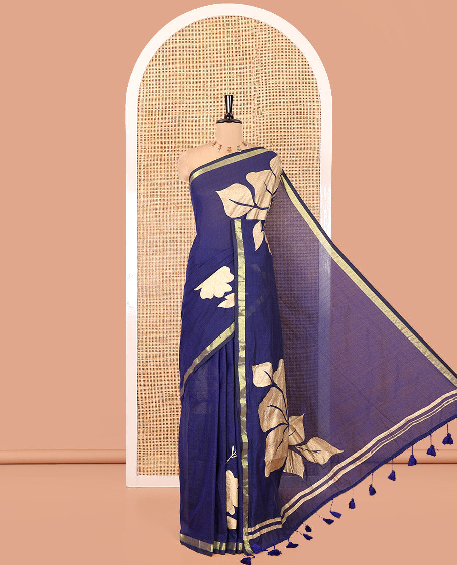 Borderless Navy Blue Khadi Mul Cotton Saree, Elevated with Big Floral Motifs on Its Body, a Self-Pallu, and Paired with a Matching Blouse