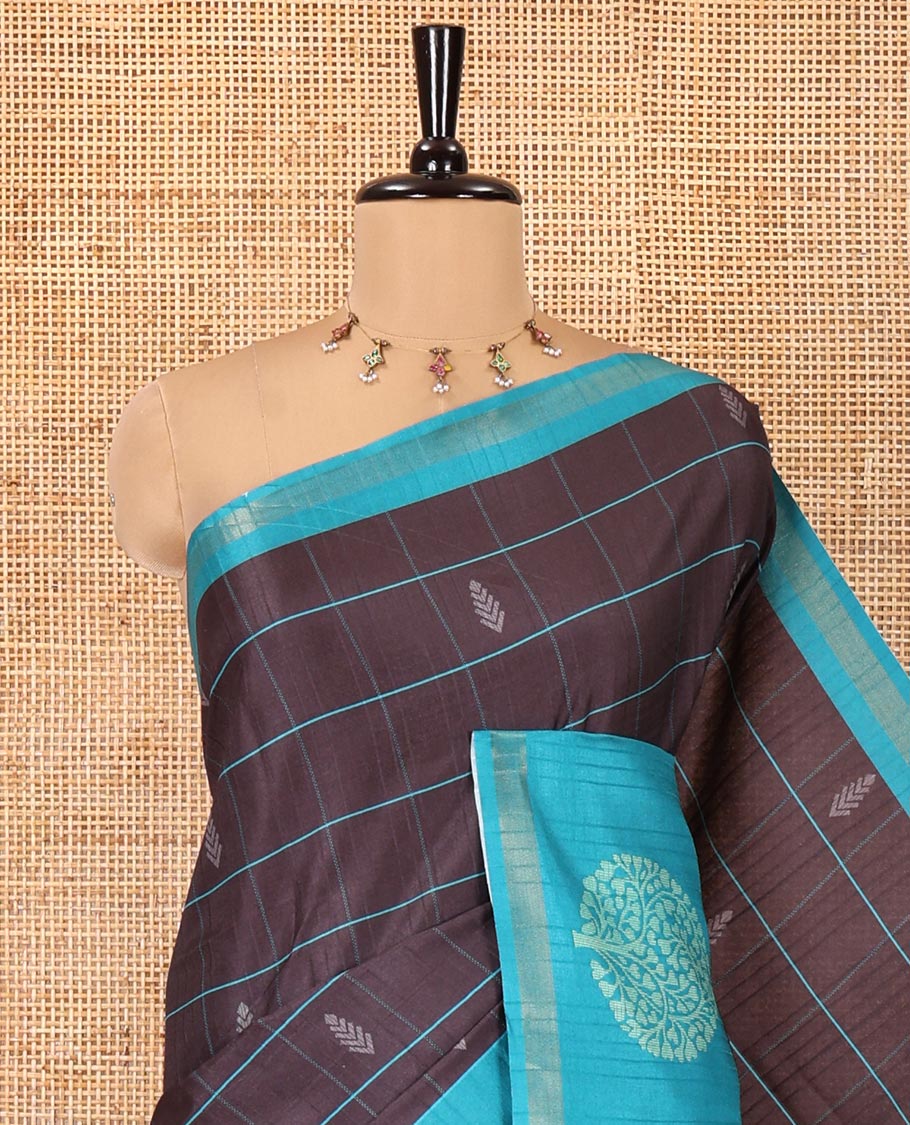 Black Katan Silk Saree, Accentuated with Butta Enclosed Checks on Its Body, Complemented by a Contrast Border of Tree Motifs, Jaal Pallu, and Paired with a Contrast Blouse
