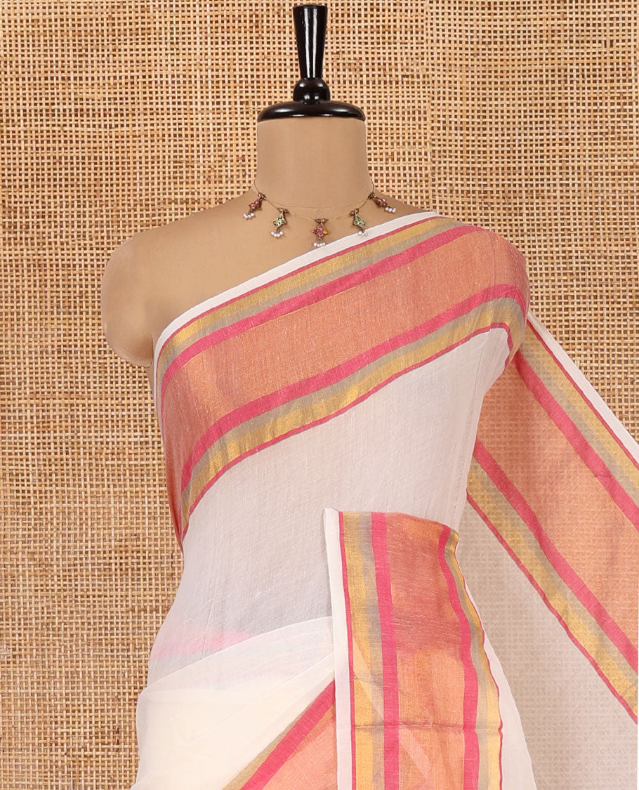 Cream Plain Khadi Mul Cotton Saree, Complemented by Contrast Pink Border, a Self-Pallu, and Has No Blouse