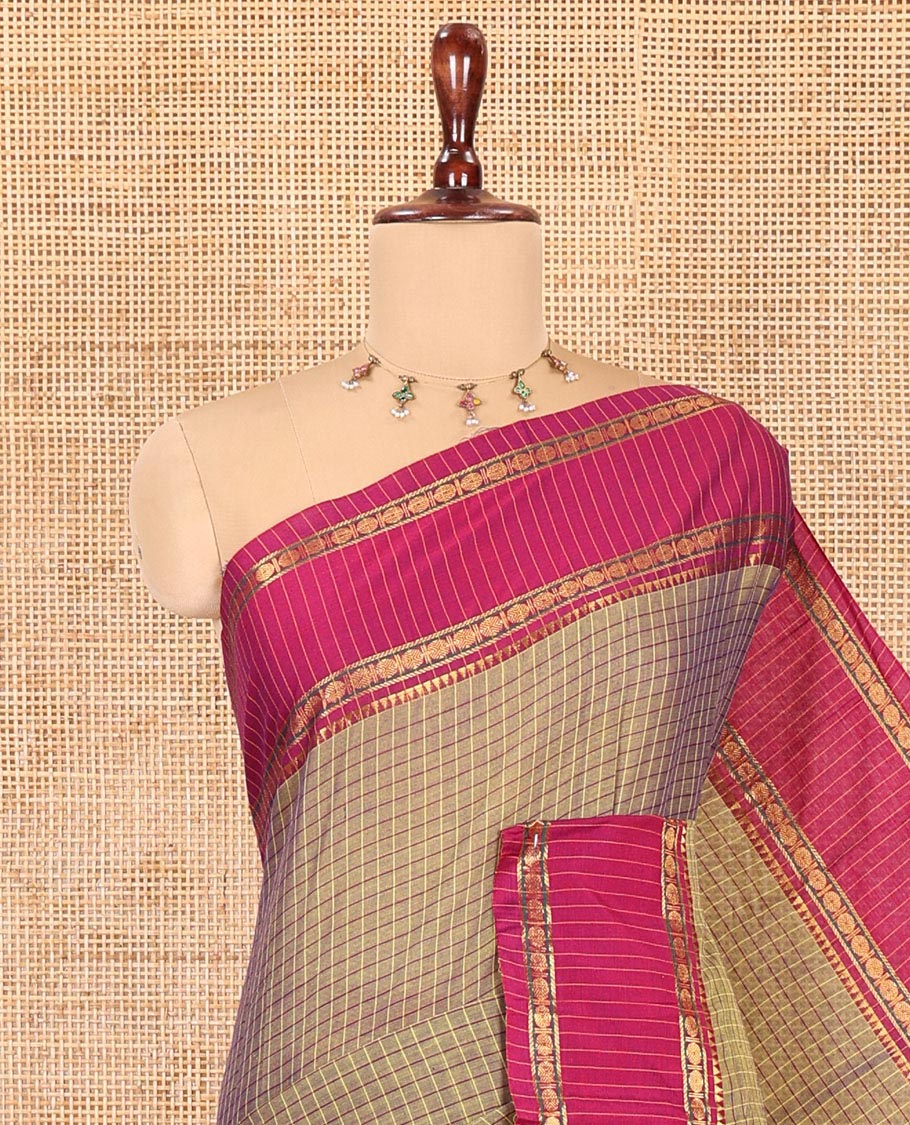 Mehendi Checked Mercerised Cotton Saree, Contrast Rettai Pettu Rudraksham-Temple Border, a Self-Pallu and a Matching Blouse