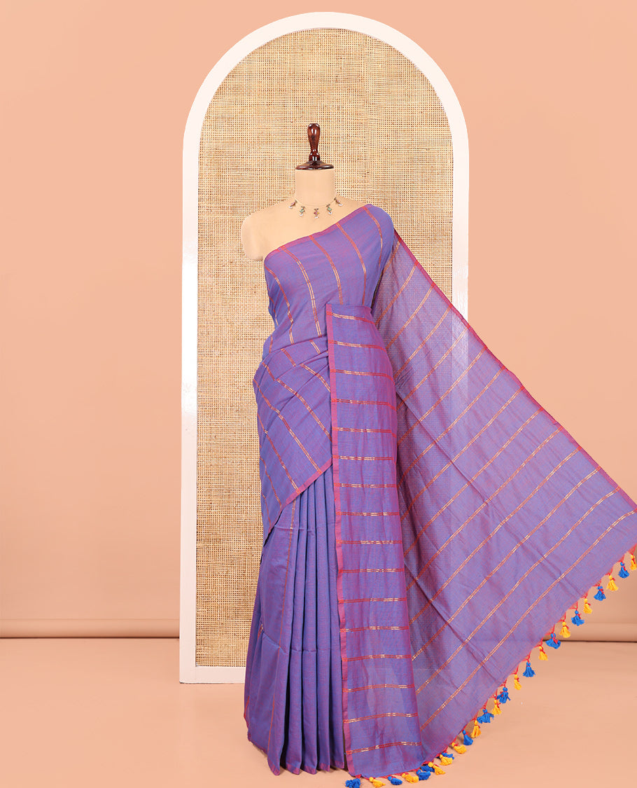 Borderless Blue Khadi Cotton Saree Features Double Stripes, a Self-Pallu of Tassels, and a Matching Blouse