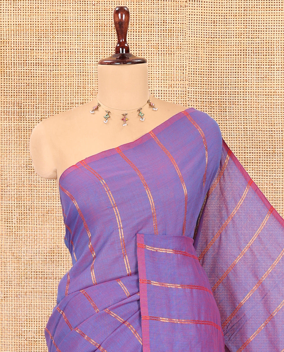 Borderless Blue Khadi Cotton Saree Features Double Stripes, a Self-Pallu of Tassels, and a Matching Blouse