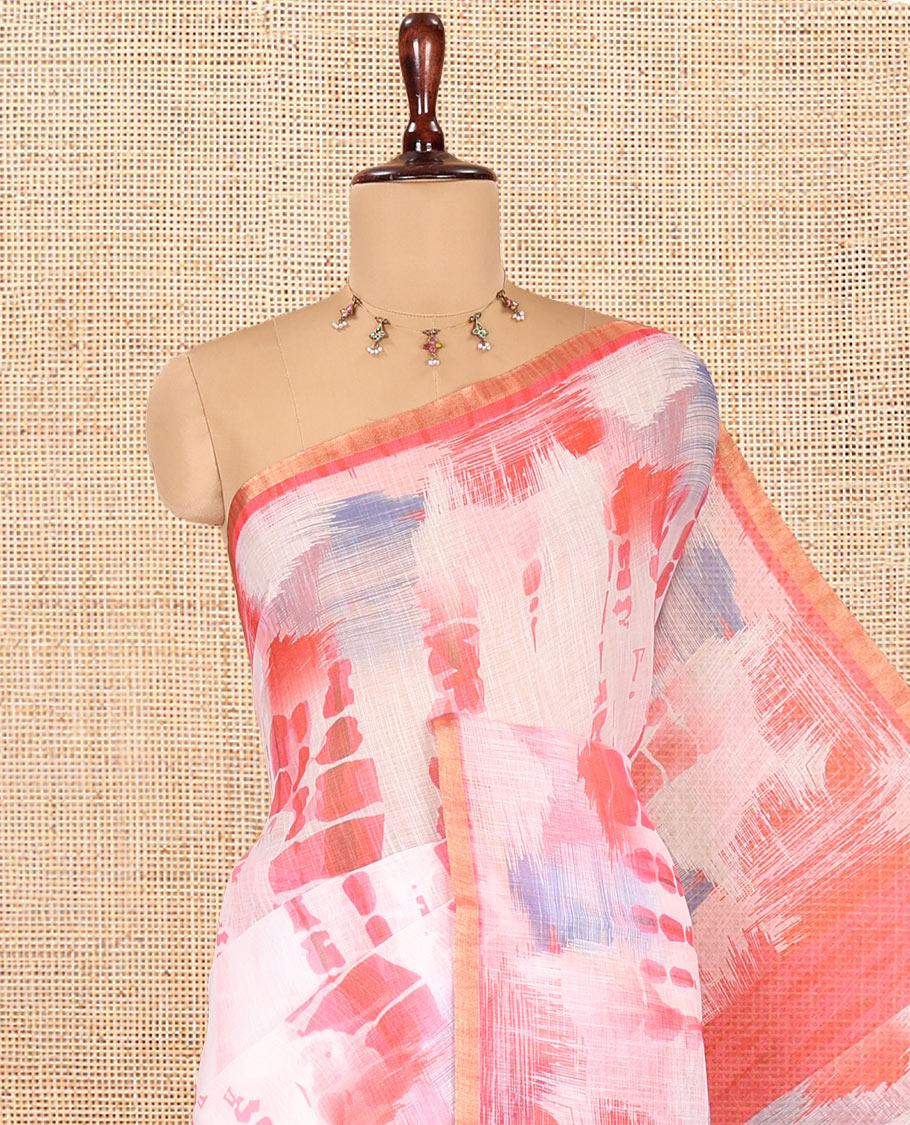 White-Pink Linen Cotton Saree, Decked Up with Shibori Print, a Piping Border, Shibori-Printed Pallu, and a Contrast Blouse