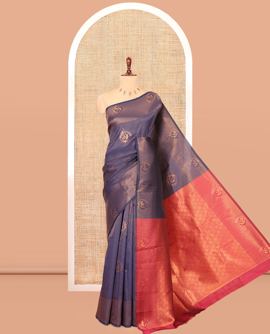 Navy Blue Art Kanchi Silk Saree, Adorned with Vaira Oosi and Zari Buttas, a Traditional Zari Border, Contrast Jaal Pallu, and a Contrast Blouse