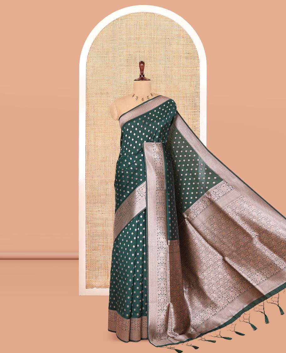 Green Elite Soft Silk Saree, Elevated with Rudraksham Zari Buttas, Traditional Zari Border, Rich Pallu, and a Matching Blouse
