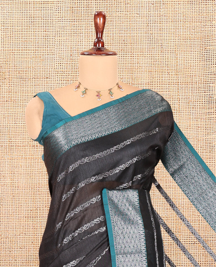 Black Zari-Striped Semi-Raw Silk Saree with a Contrast Zari Border, Intricate Pallu, and Contrast Blouse