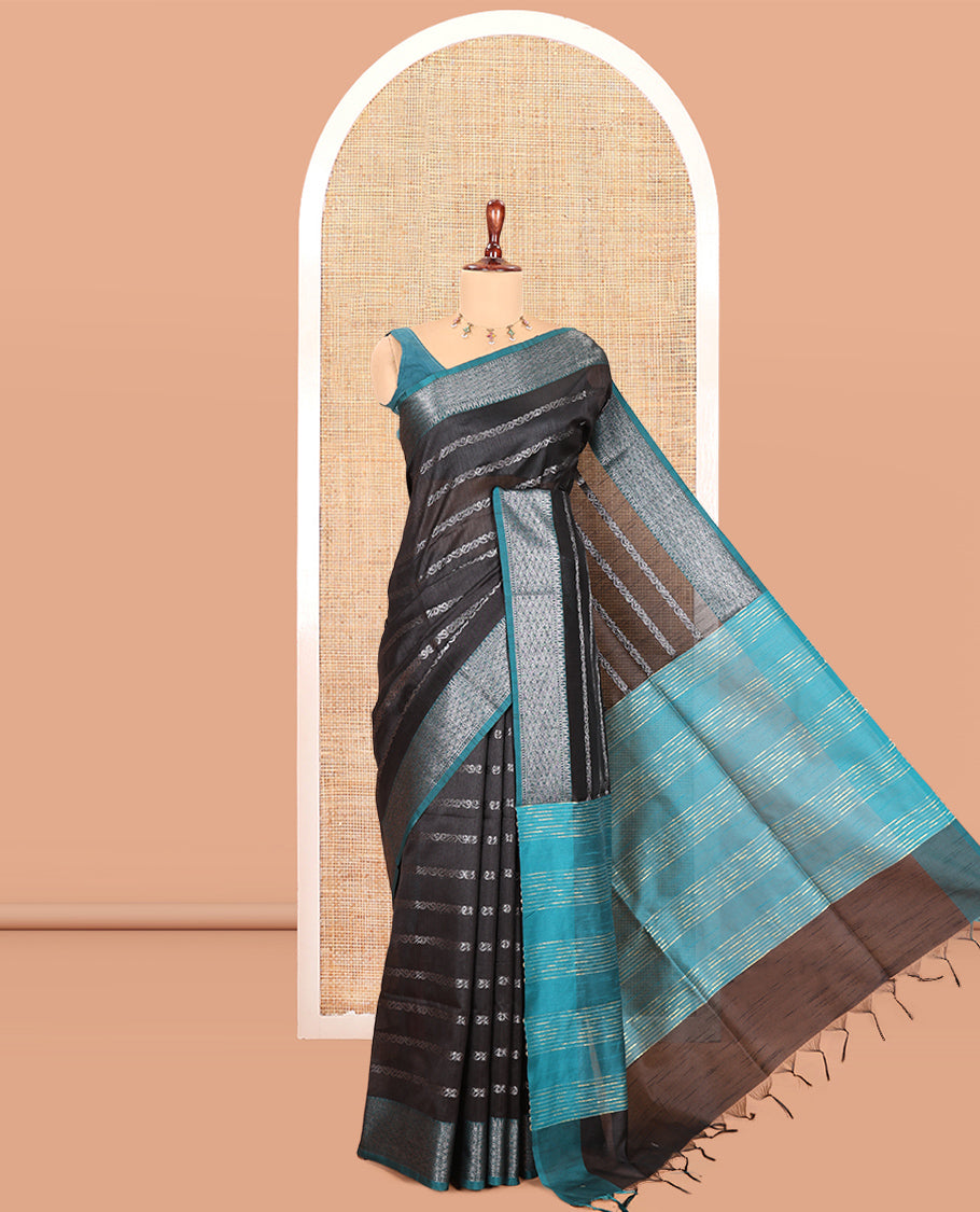 Black Zari-Striped Semi-Raw Silk Saree with a Contrast Zari Border, Intricate Pallu, and Contrast Blouse