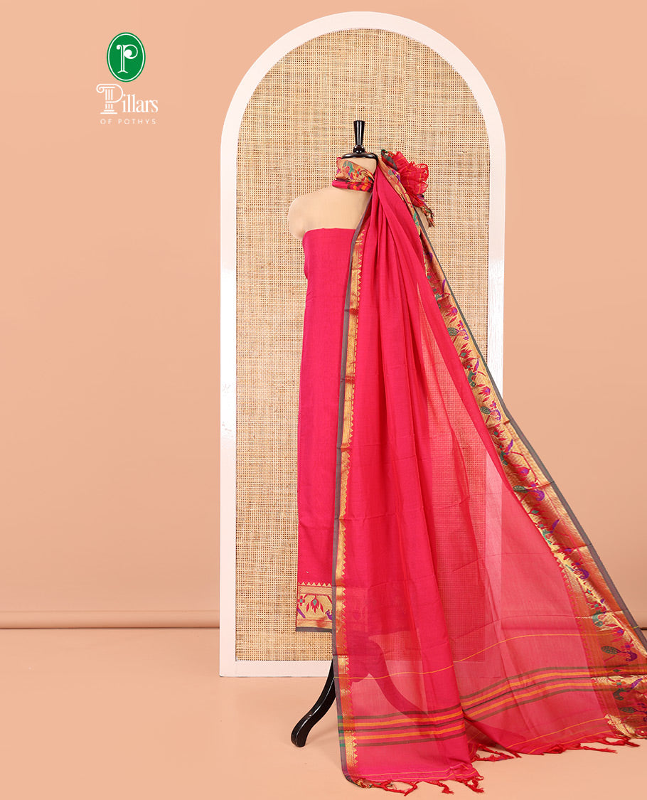 Pink Mercerised Cotton Material Chudidar Set, Accentuated with Paithani Bordered Top, a Mercerised Cotton Bottom, and Paired with a Matching Mercerised Cotton Paithani Bordered Dupatta