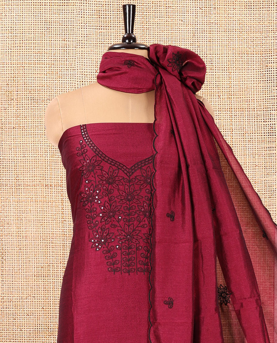Magenta Vichitra Silk Material Chudidar Set Featuring Sequins-Thread-Embroidered Top, a Santoon Bottom, and a Matching Scallop-Embroidery Dupatta