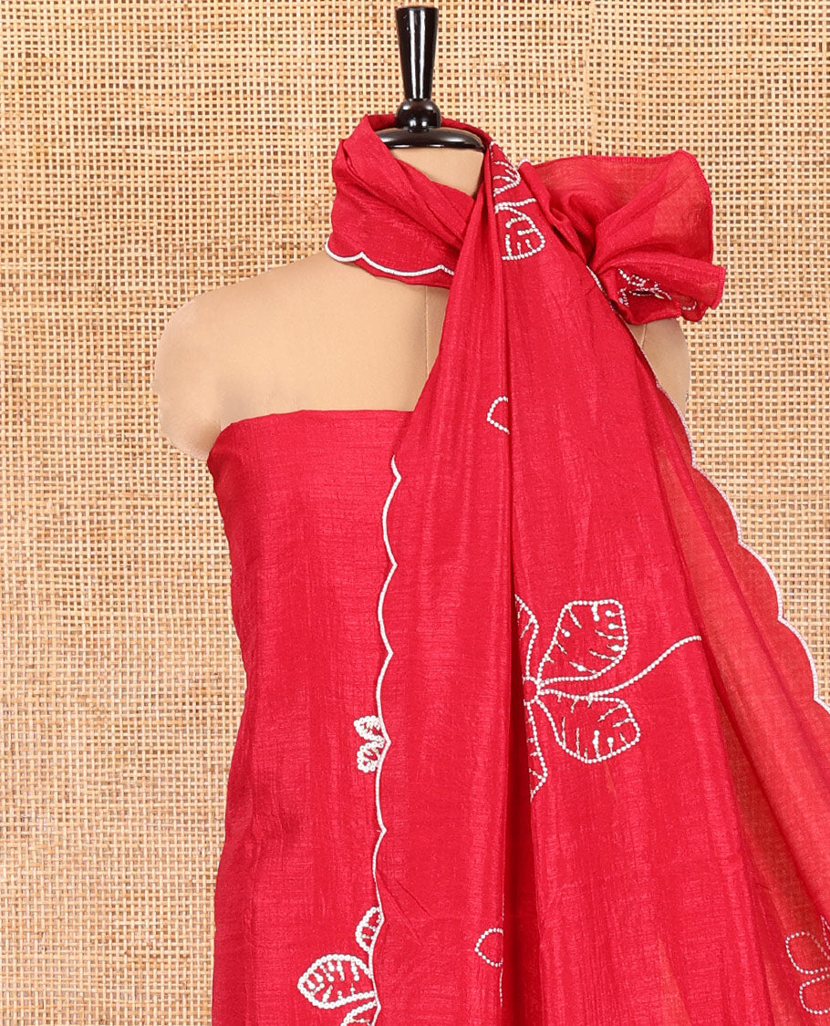 Red Material Chudidar Set, Delicately Woven with Floral Thread Embroidered Mul Chanderi Top, a Mul Chanderi Bottom, Paired with Floral Thread-Embroidered Mul Chanderi Dupatta