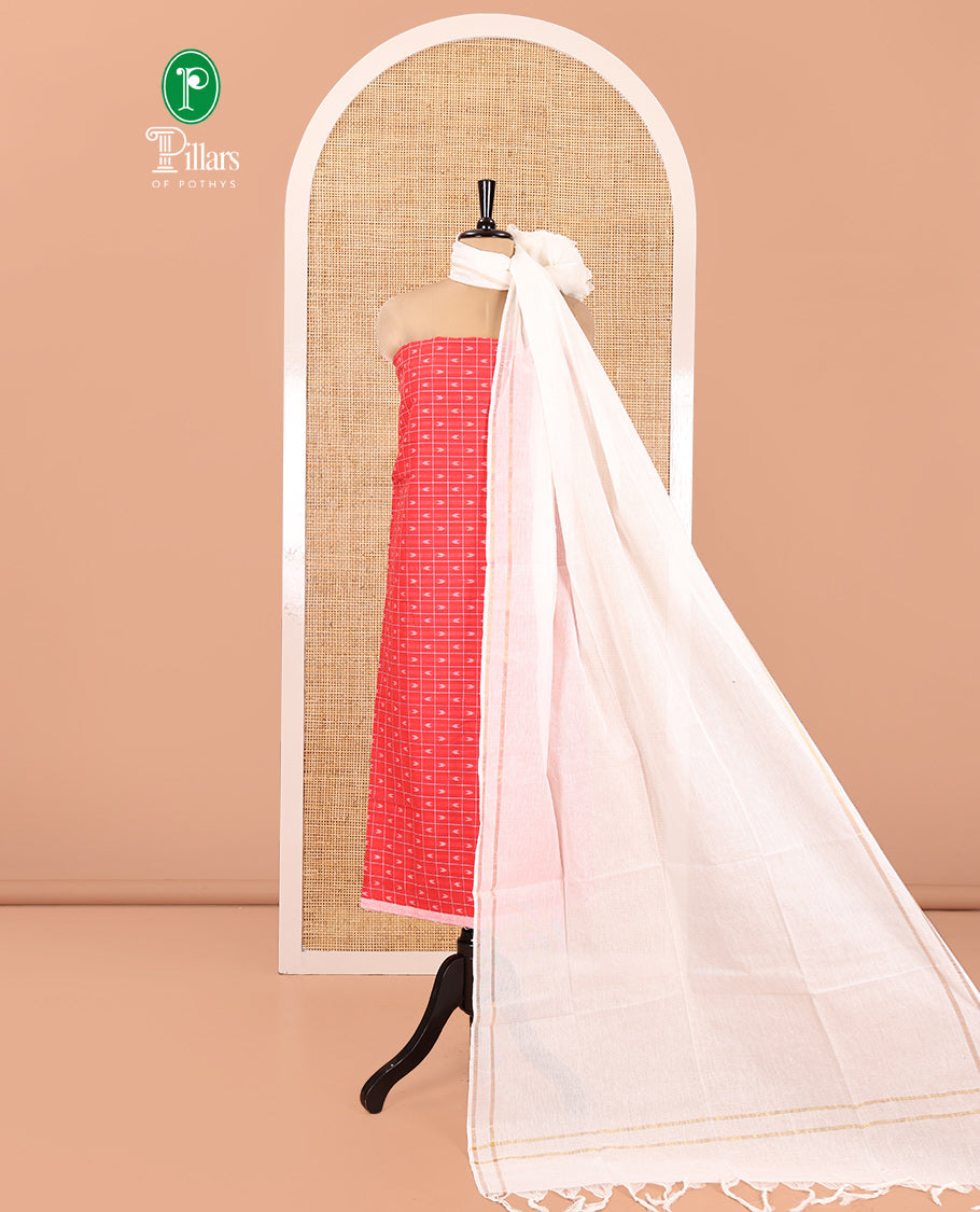 Red Handloom Cotton Material Chudidar Set Featuring Butta Enclosed Checked Top, Heathered Bottom, and Dual-Color Dupatta