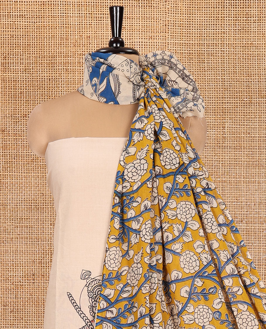 Cream-Red Cotton Material Chudidar Features Kalamkari Ancient Humans Printed Top, Contrast Bottom, Kalamkari Dupatta
