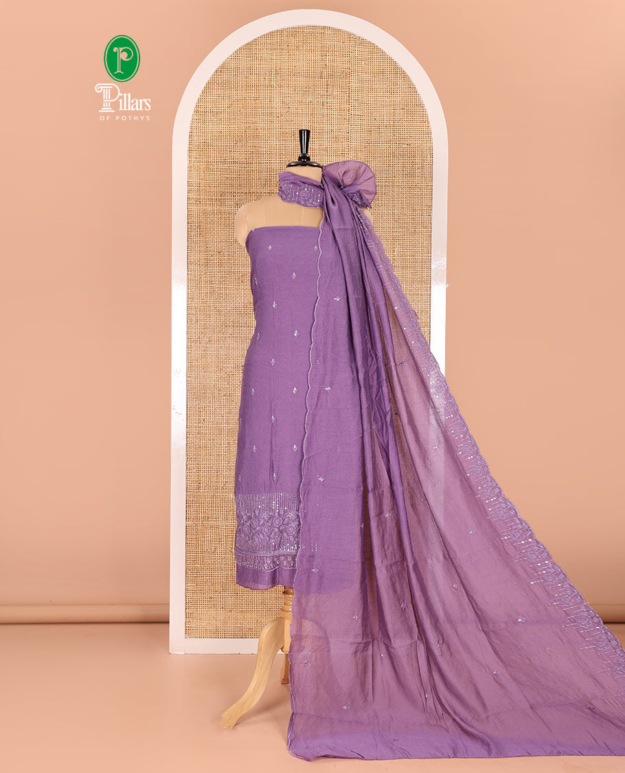 Lavender material chudidar set, Kashmir embroidered and sequins work mul chanderi top, plain santoon bottom, and scallop embroidered dupatta
