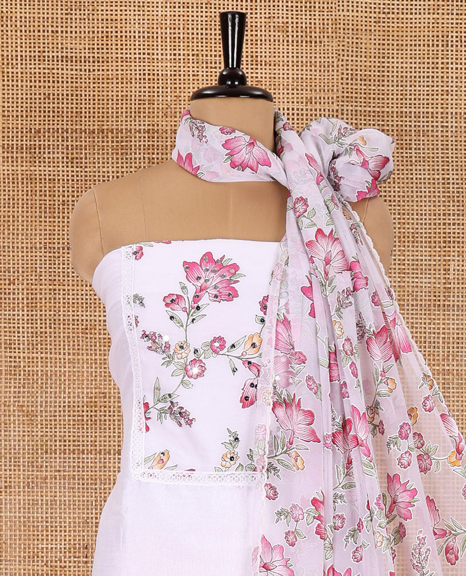 White-pink material chudidar set, floral vine printed with orginal mirror work Vichitra silk top, a matching bottom, and a floral vine printed georgette dupatta