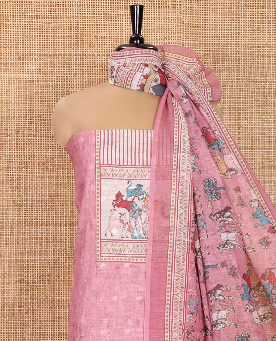 Pink Material Churidar Set, Sparsely Woven with Buttas and Pichwai Cow Printed Semi-Linen Top, Comes with a Contrast Plain Santoon Bottom, Santoon Dupatta of Unique Pichwai and Human Figurines Print