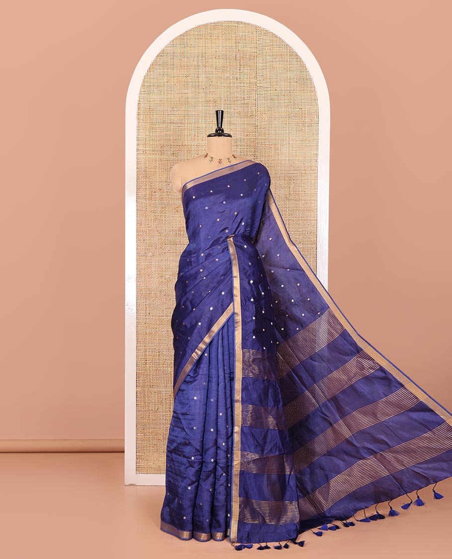 Royal blue zari buttas banana pith silk saree, zari bavanji border, zari striped pallu, and a matching zari design blouse