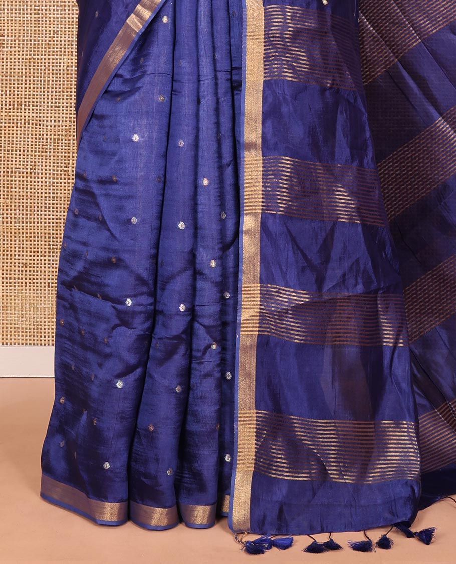 Royal blue zari buttas banana pith silk saree, zari bavanji border, zari striped pallu, and a matching zari design blouse