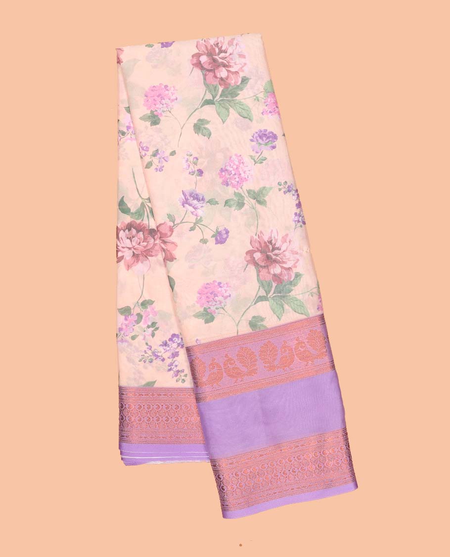 Light orange floral printed semi-banaras printed saree, contrast traditional design border & striped pallu