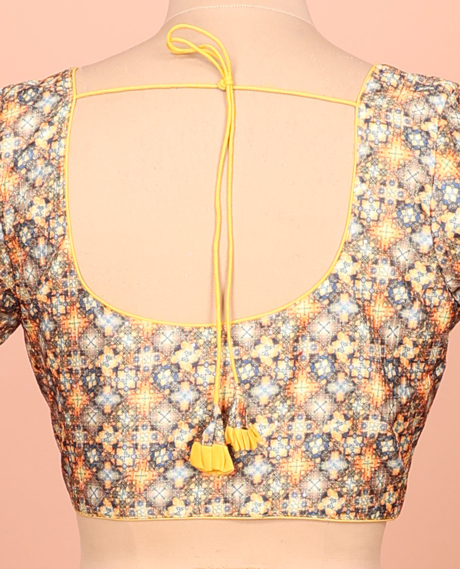 Multi-color Readymade Blouse Featuring Geometric Print, a Front Round-Neck, Back Round-Neck, and Half-Sleeves