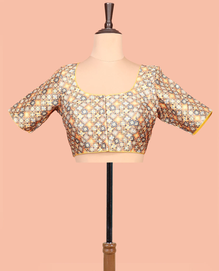 Multi-color Readymade Blouse Featuring Geometric Print, a Front Round-Neck, Back Round-Neck, and Half-Sleeves