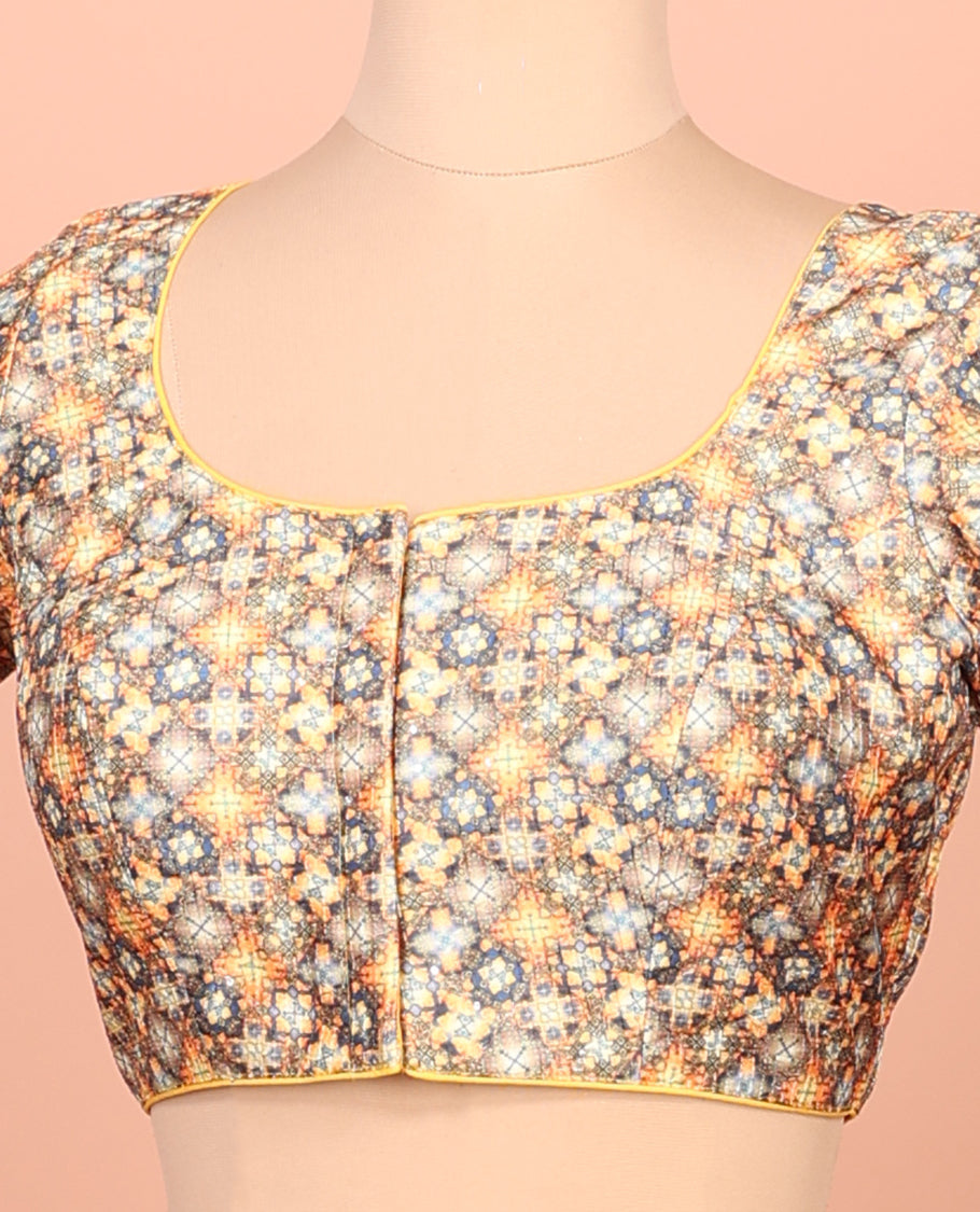 Multi-color Readymade Blouse Featuring Geometric Print, a Front Round-Neck, Back Round-Neck, and Half-Sleeves