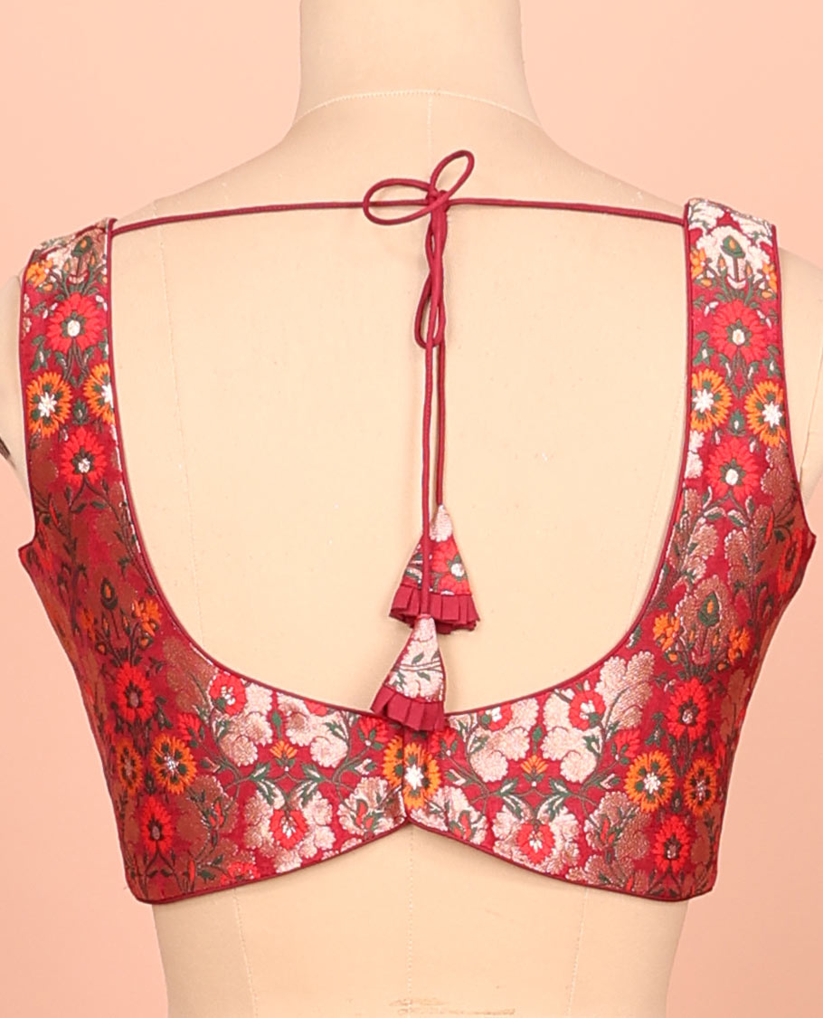 Red floral meenakari jacquard front-back V-neck sleeveless readymade blouse