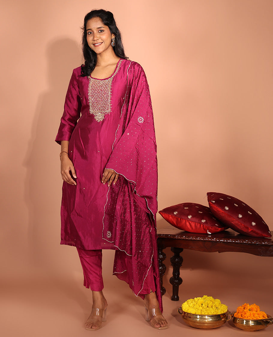 Maroon Glass Fabric Readymade Suit