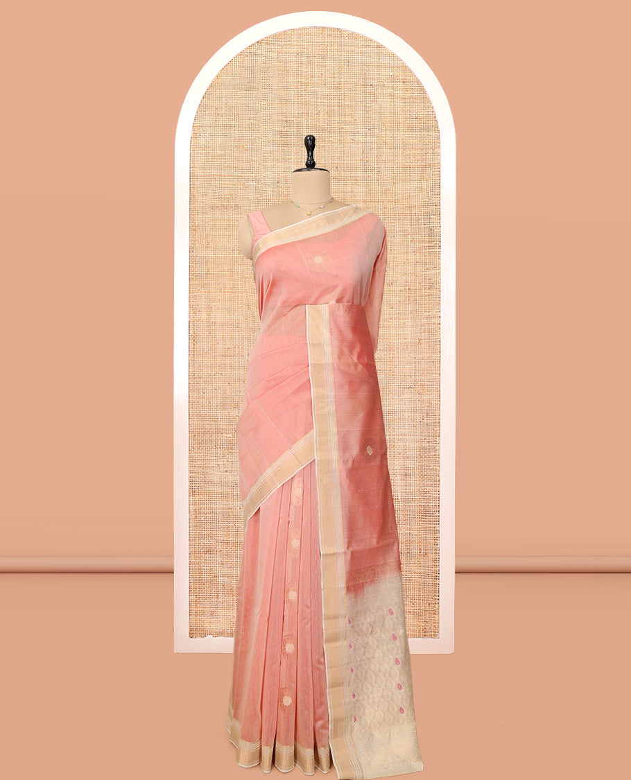 Peach Silk Cotton Saree, Sparsely Woven with Buttas, a Contrast Zari Border, Intricately Designed Pallu, and a Contrast Blouse