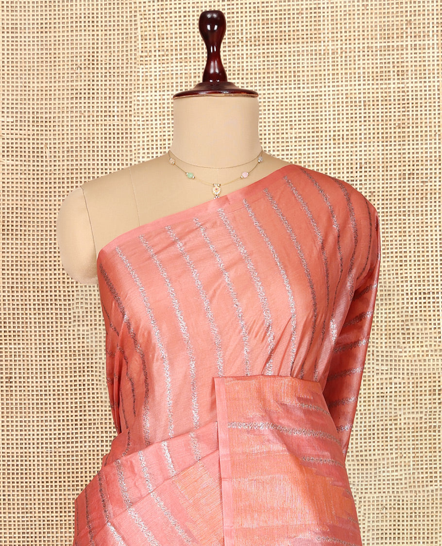 Borderless Peach Tusser Silk Saree, Embellished with Zari Stripes and Temple Design, a Grand Jaal Pallu, and a Matching Blouse
