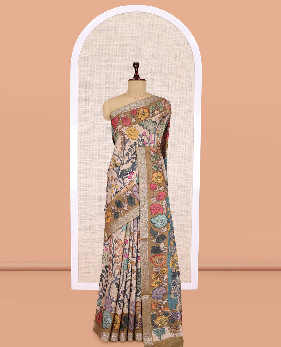 Sandal Kalamkari Printed Fancy Tussar Saree