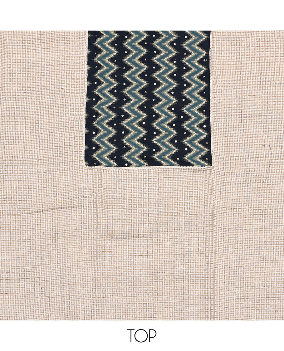 Sandal and blue material chudidar set, checks with neck ikkat embroidered top, plain bottom, and floral and chevron printed dupatta