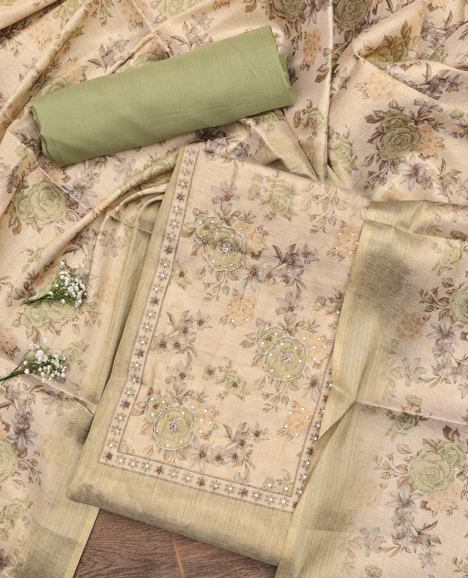 Pale Blue Tissue Material Churidar Set, Embellished with Floral Print and Neck Embroidered Top, a Plain Bottom, and Floral Printed Dupatta