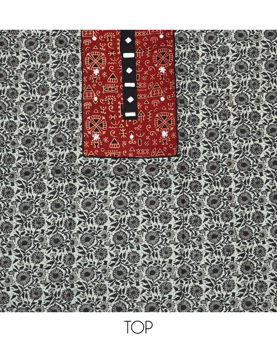 Black and white material chudidar set, floral vine print with cloth patch embroidered top, plain bottom, and batik-style floral printed dupatta