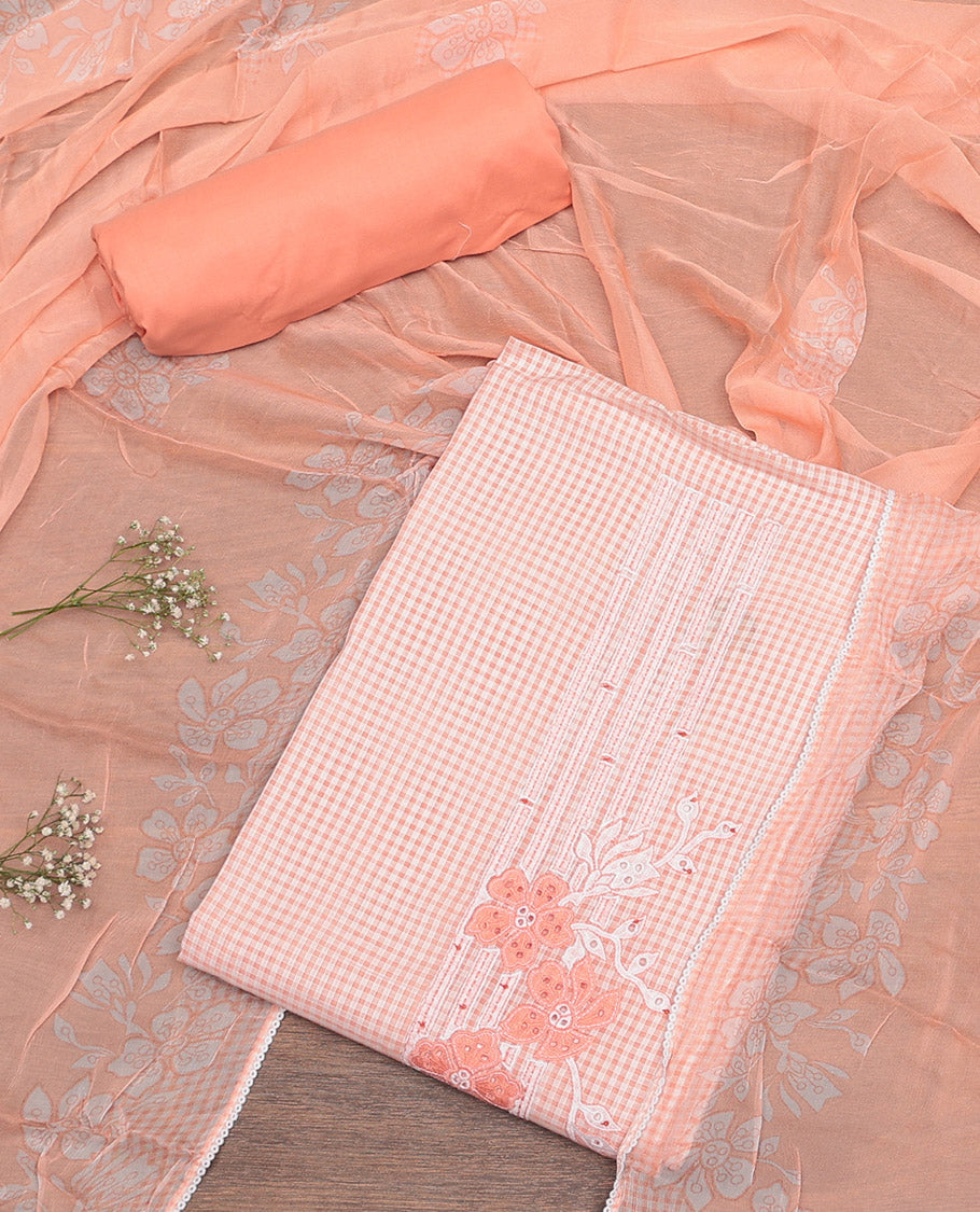 Pale Orange Cotton Material Churidar Set, Crafted with Checked and Floral Embroidery Top, Plain Bottom, and Floral Printed Dupatta