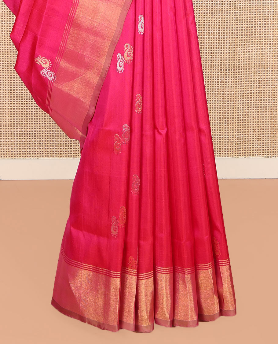 Pink Uppada Silk Saree, Graced with Zari Buttas All Over Its Body, Highlighted by a Zari Bavanji Border, Captivating Contrast Pallu of Zari Buttas, and Paired with a Contrast Blouse