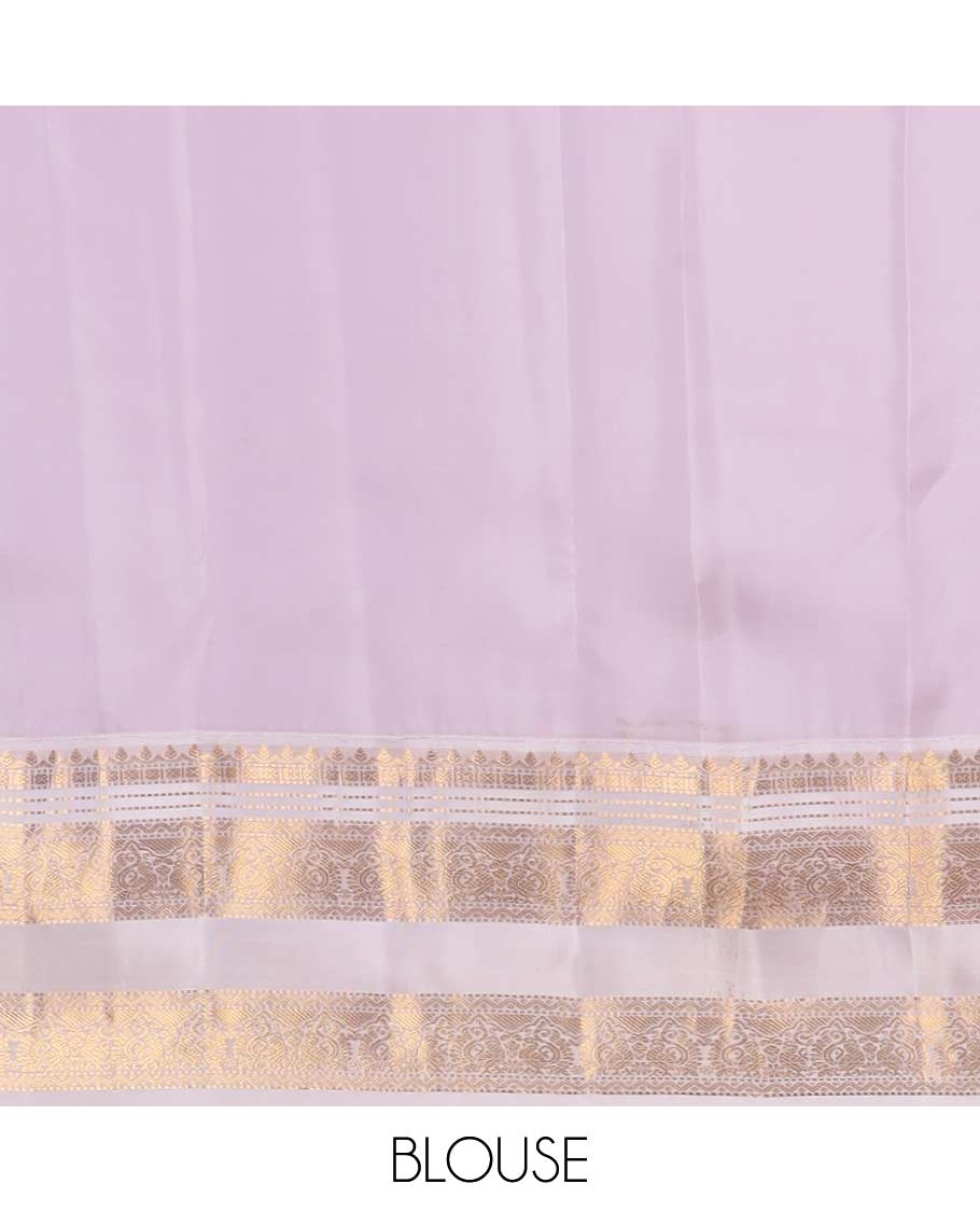 Red zari buttas Vasundhara silk mix saree, contrast border rettai pettu of thilakam, muthu, cross kamalam, neli, and mayil designs, and intricate pallu