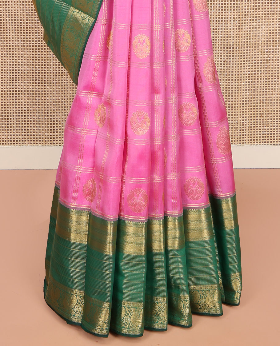 Pink Vasundhara Lite Silk Mix Saree, Bedecked with Zari Butta Enclosed Checks on Its Body, Complemented by a Contrast Border of Traditional Designs, a Grand Intricately Checked Pallu, and Paired with a Contrast Blouse