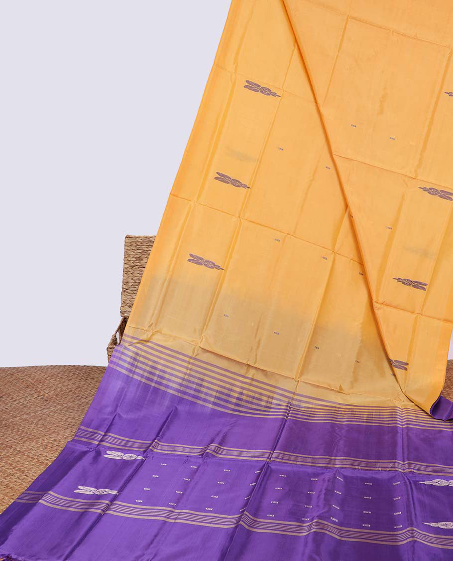 Borderless yellow floral motifs banana pith saree & striped, floral motifs pallu